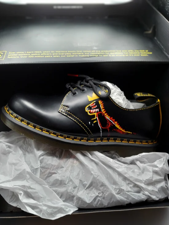 Dr. Martens Black Leather Oxford with Red & Yellow Dino Graphic - Picture 1 of 4